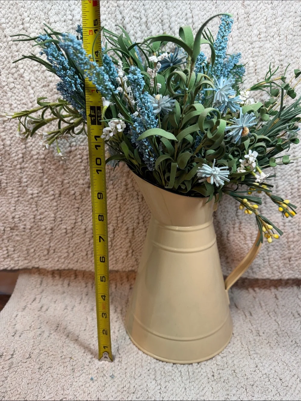 Cream Metal Pitcher Vase with Blue and Green Floral Arrangement